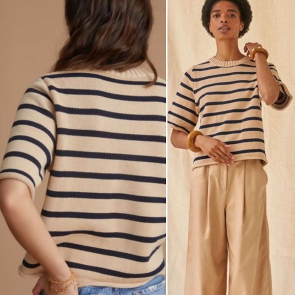 demylee Sweaters - Demylee Ezra Striped Short Sleeve Sweater Bone Navy Cotton size small